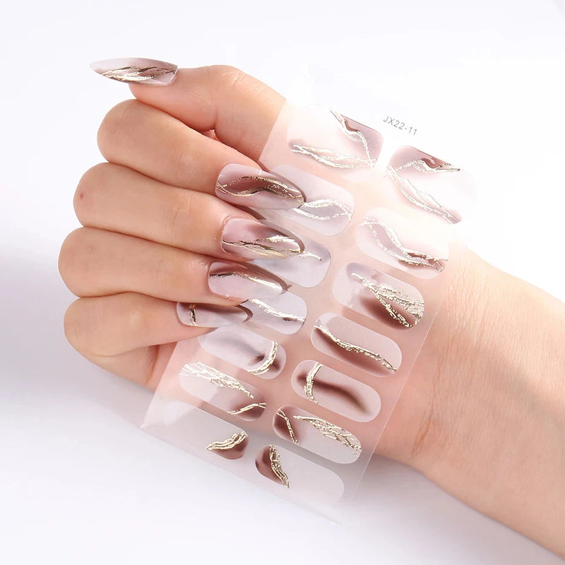 Gel Nail Stickers Lacquer Strips Full Cover Adhesive Slider Wraps With Line Foil Design Sanding File Nail Art Accessories LAJX22