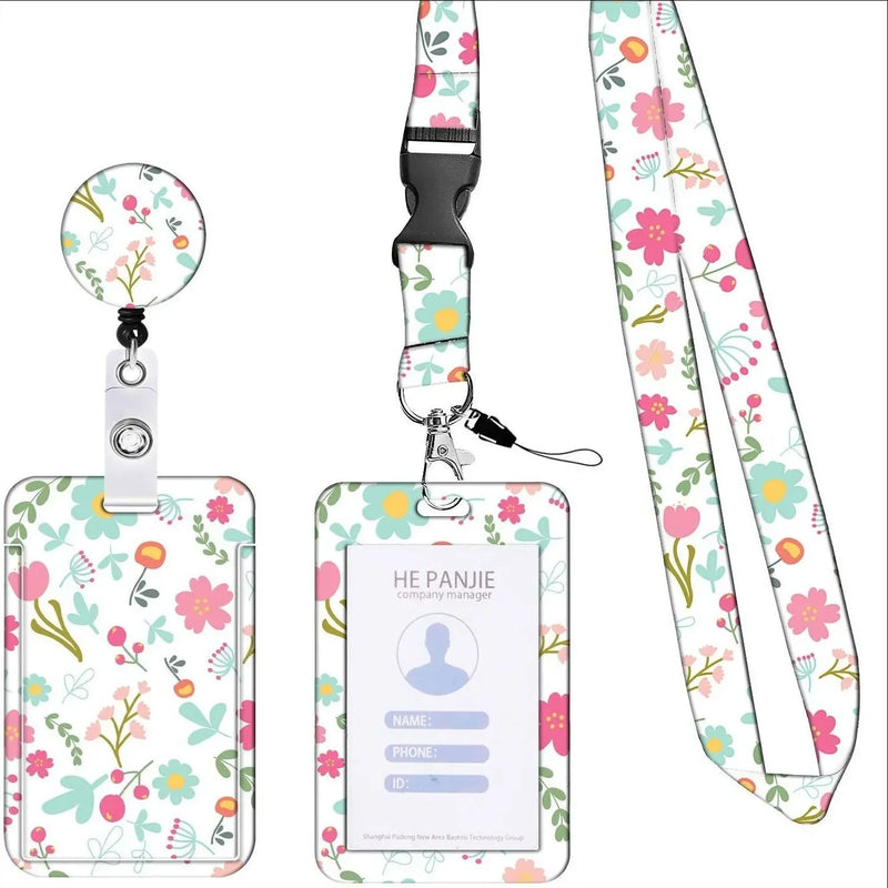Staff Working Cards Holder with Retractable Long Lanyard and Badge Reel Flower ID Credit Cards Holder Cover for Woman Phone Rope