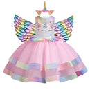 New 3pcs Baby Girls Dress Pastel Rainbow Princess For Summer Birthday Party Dress Unicorn Cosplay Perform Children Costume