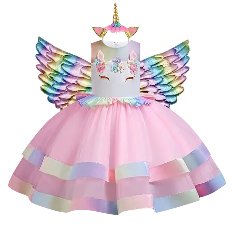 New 3pcs Baby Girls Dress Pastel Rainbow Princess For Summer Birthday Party Dress Unicorn Cosplay Perform Children Costume