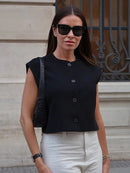 Chic Round Neck Vest For Women Summer Single Breasted Sleeveless Waistcoat Female 2024 Fashion Street Lady Cropped Tops