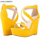 Fashion Platform Female Wedge Sandals 2025 Open Toe Back Zipper High Heels Shoes Hollow Flock Red Yellow Women Party Dress Pumps