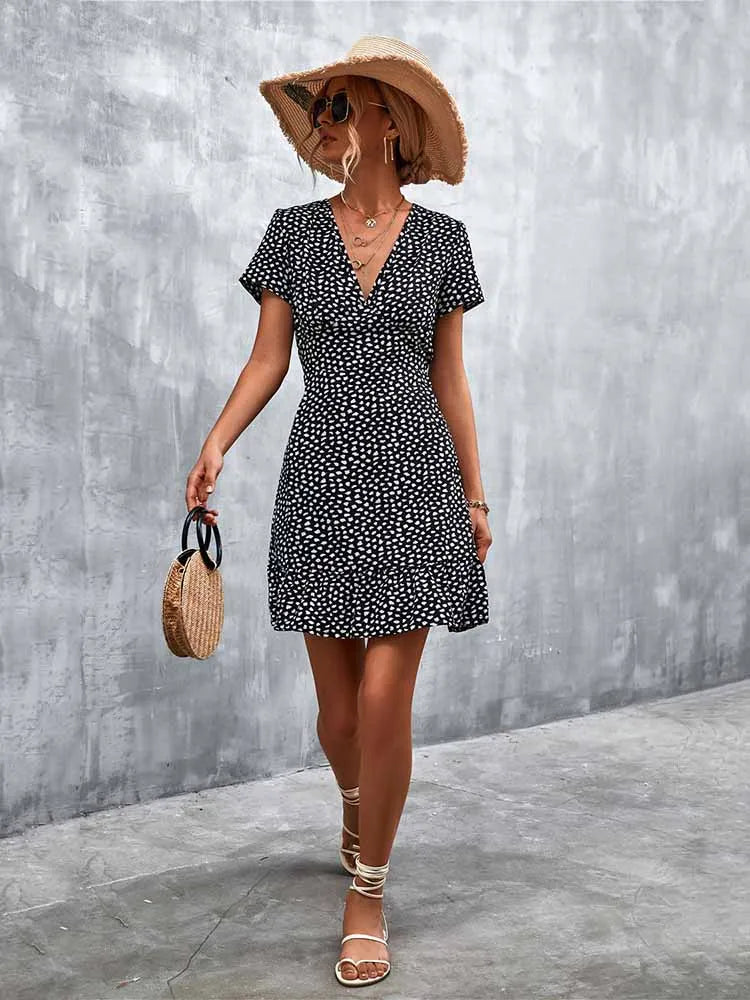 Summer Short Boho Dress Women V Neck Print Floral Party Dress Ladies Bohemian Flower Mini Dress For Women