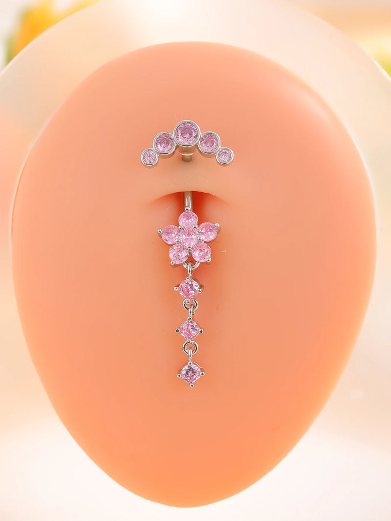 14G Stainless Steel Heart Dangled Belly Button Rings Belly Piercing Nombril for Women Girls Pink Zircon Crystal Sexy Navel Ring