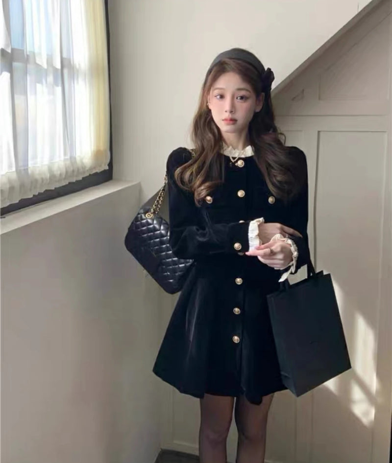 Korean Black Velvet Dresses for Women Single Breasted Long Sleeve Evening Party Dress Autumn Y2K Fashion A-line Vestido Mujer