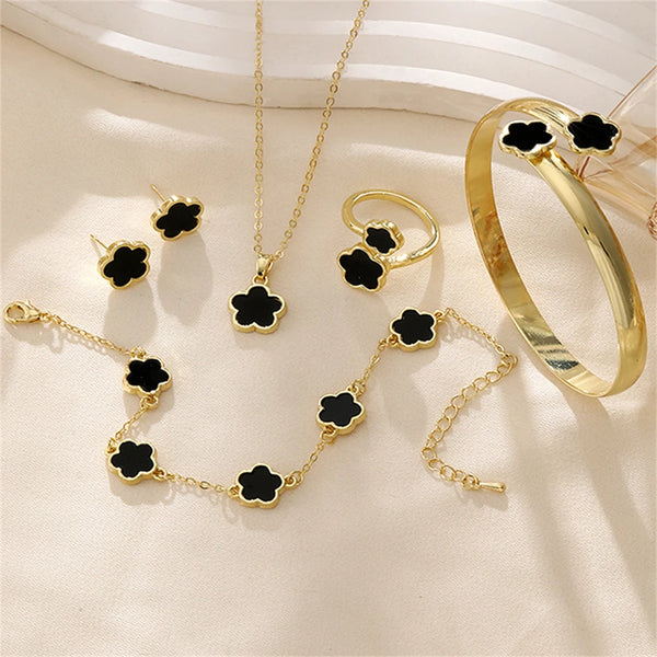 Five Piece Set Five-leaf Clover Multi-Color Set Bracelet Ring Necklace Earring Women Couple Holiday Gift Set Party Daily Jewelry