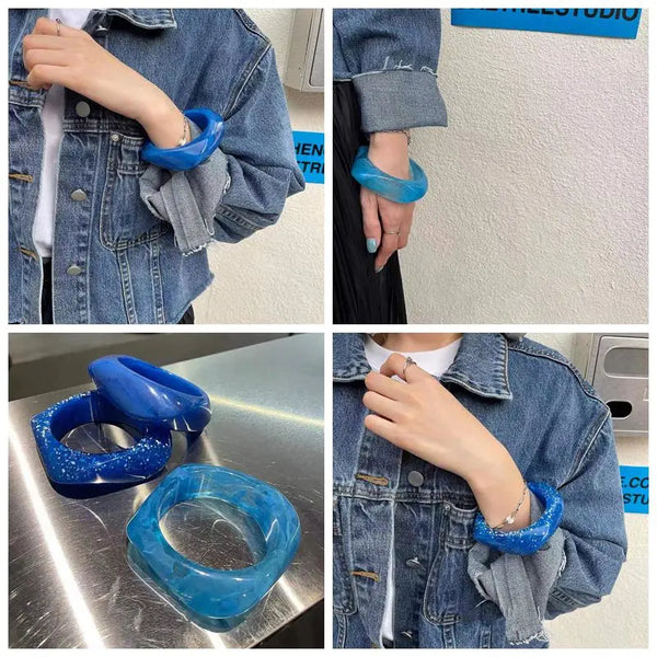 Hyperbole Blue Acrylic Resin Irregular Geometry Square Large Cuff Bracelet Charm Wide Thick Bangle For Women Summer Jewelry Gift