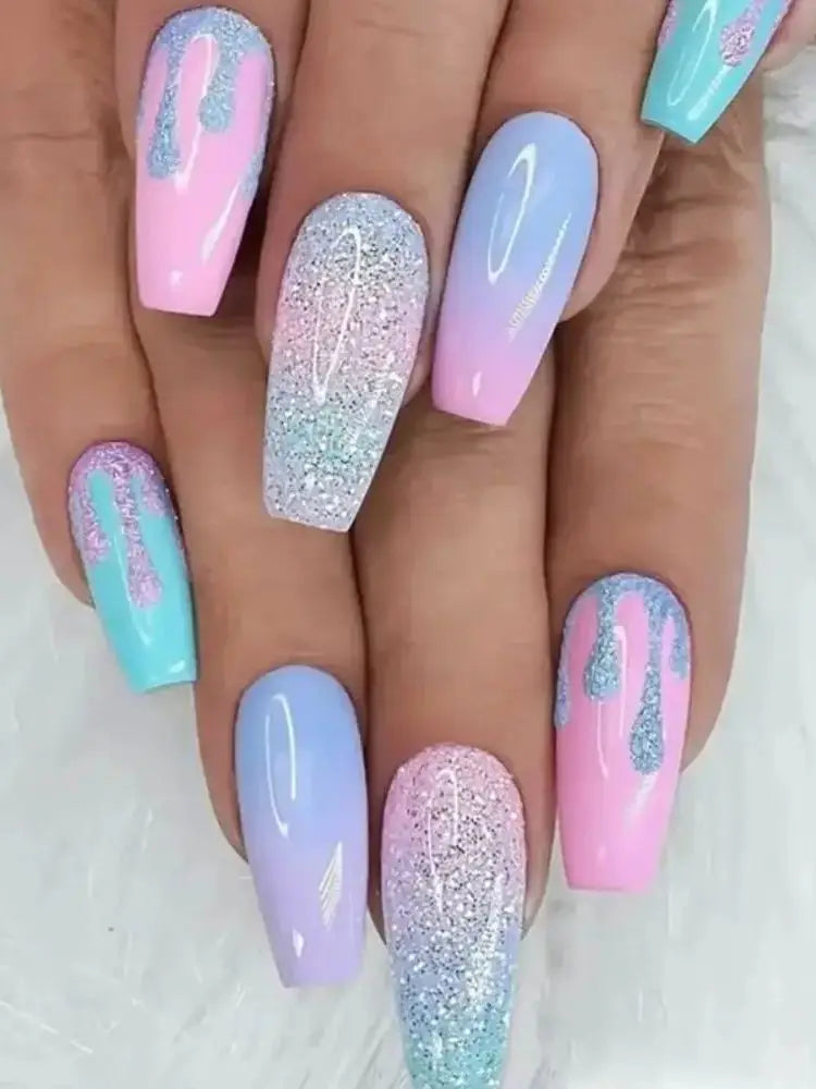 Detachable Manicure Wearable Nail Art Press On Nails purple Glitter French False Nails Long Coffin Fake Nails Full Cover Tips