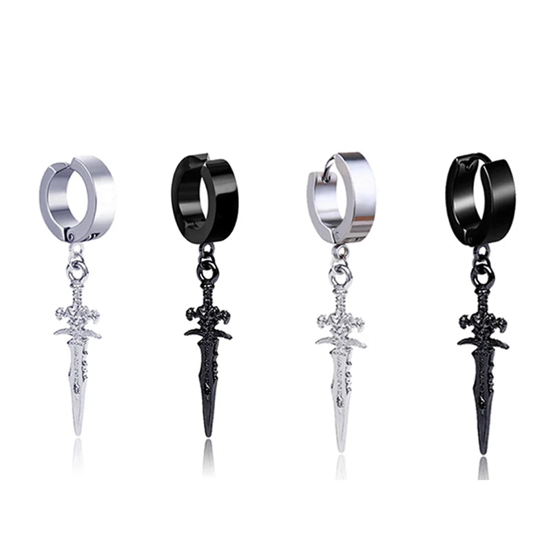 1 Pairs Stainless Steel Painless Ear Clip Earrings for Men Women Punk Sword Cross Black Non Piercing Fake Earrings Jewelry Gifts