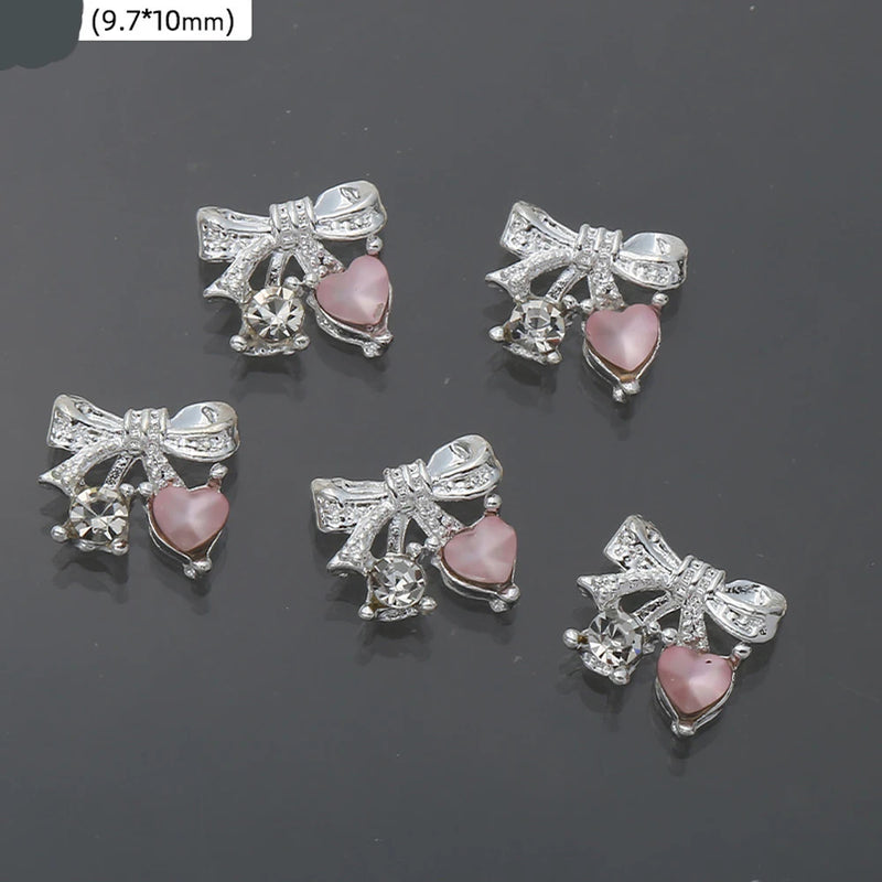 10Pcs Pink Metal Gem Zircon Nail Art Charm 3D Luxurious Heart Ribbon Cross Starlight Nail Decoration DIY Zircon Nail Accessories