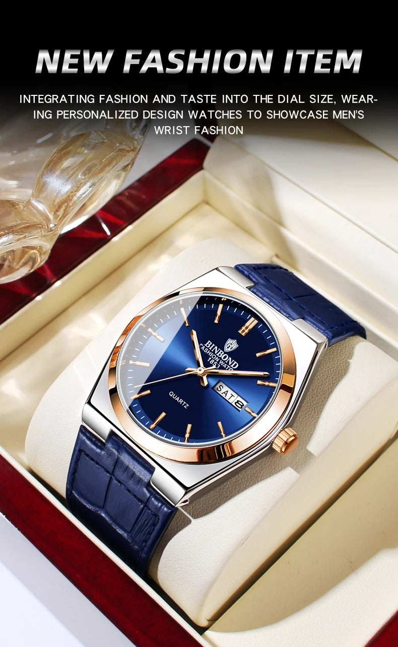 BINBOND New Authentic Youth Men's Quartz Watchwith Fashion Leather Strap Waterproof Luminous Calendar Luxury Business Men Watch