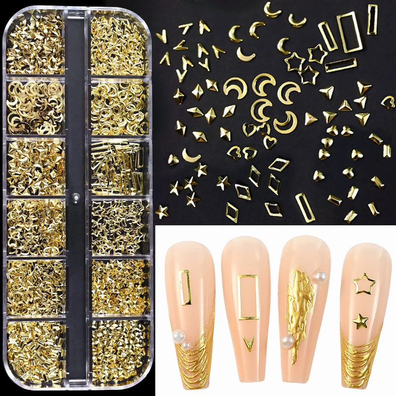 1000Pcs Gold Star Moon Glitter Nail Charms Metal Tips Slice Rivet DIY 3D FlatBack Nail Art Decorations Nails Jewelry Accessories