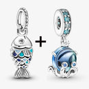 2Pcs/Lot Crystal Blue Scaled Fish Bead With Pendant Fit DIY Brand Charm Bracelet  For Women's Summer Jewelry To Making Gift