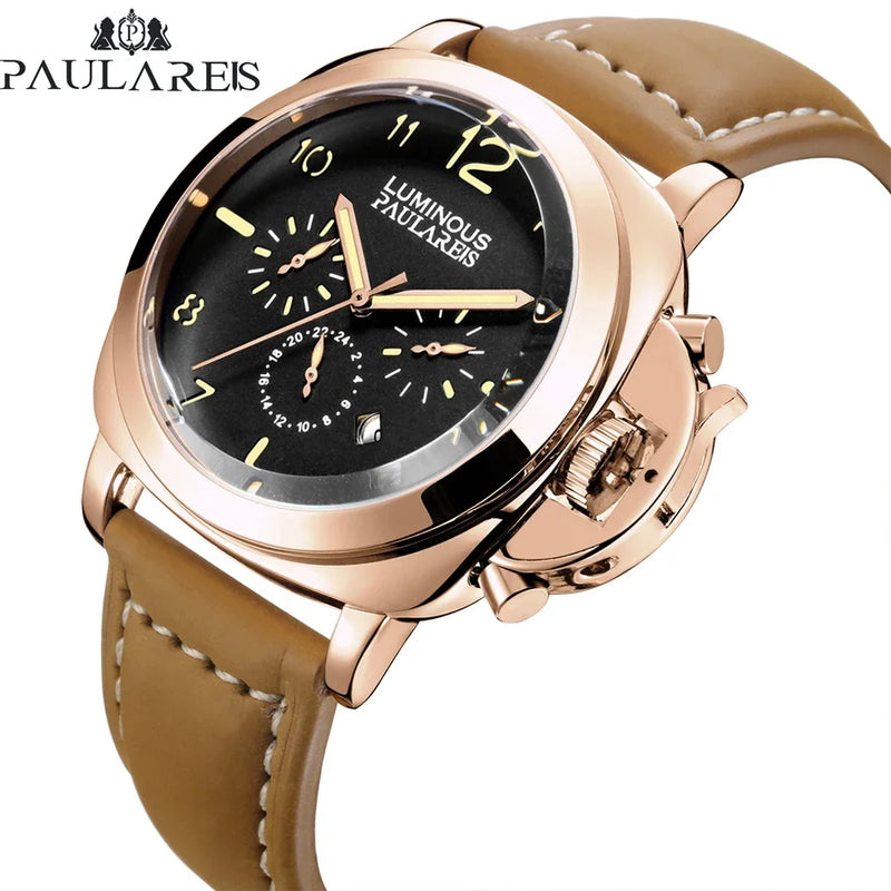 Automatic Watches for Men Mechanical Movement Genuine Brown Leather Multifunction Yellow Green Rose Gold Reloj Hombre Baratos