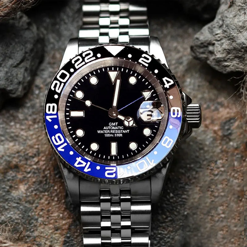 Gold Tow Tone NH34A GMT Movement Diving Watch for Men Automatic Watches Mechanical Swim Jubilee Bracelet 200m Waterproof Date