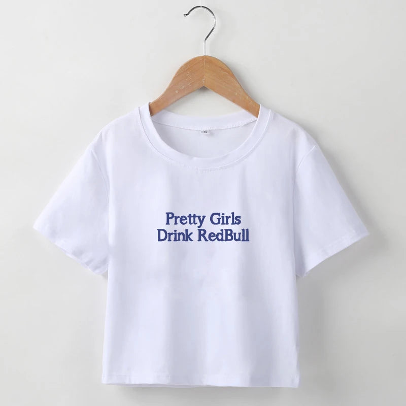European and American girls drinking Red Bull trendy letter print Y2K pure desire spicy girl ultra short top women's T-shirt