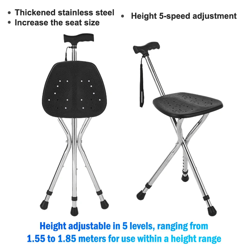 Telescopic Crutch Chair, Three-Legged Walking Stick, Folding Cane Stool, Multi-Functional Elderly Aid With Stability