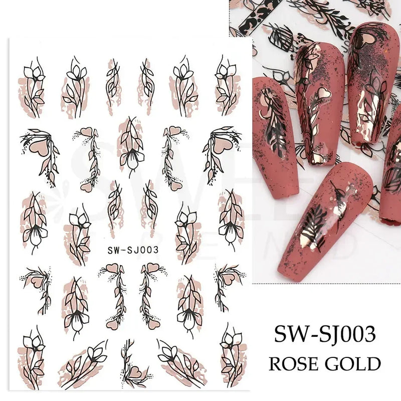 3D Snake Laser Stickers for Manicure Black Gold Abstract Leaves Luxury Nail Art Adhesive Slider Polish Decor Decals SASW-SJ