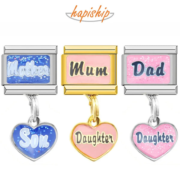 Hapiship 2024 Fashion Mum Dad Mother Daughter Sun Charm Italian Links  Fit 9mm Bracelet Stainless Steel DIY Making Jewelry DJ096