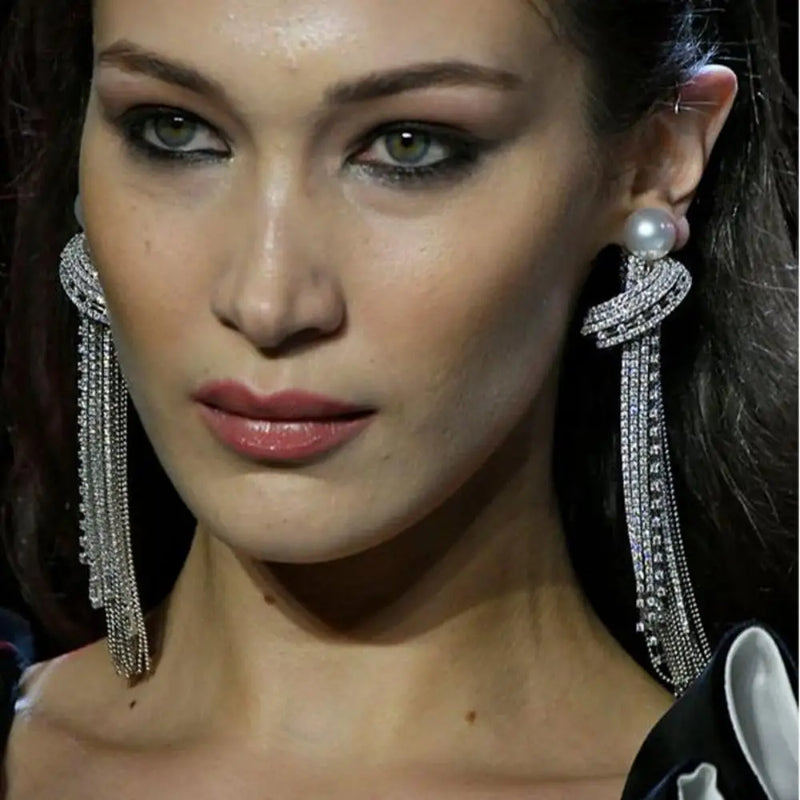 Elegant Long Tassel Rhinestone Drop Earrings Piercing Bridal Gift Square Pearl Geometric Dangle Earrings Wedding Jewelry