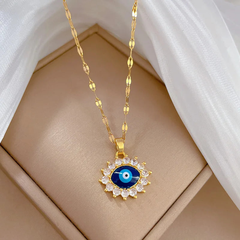 Blue Enamel Evil Eye Pendant Necklace Gold Color Female Fashion Jewelry CZ Zircon Clavicle Chain Women Necklace 2024 New