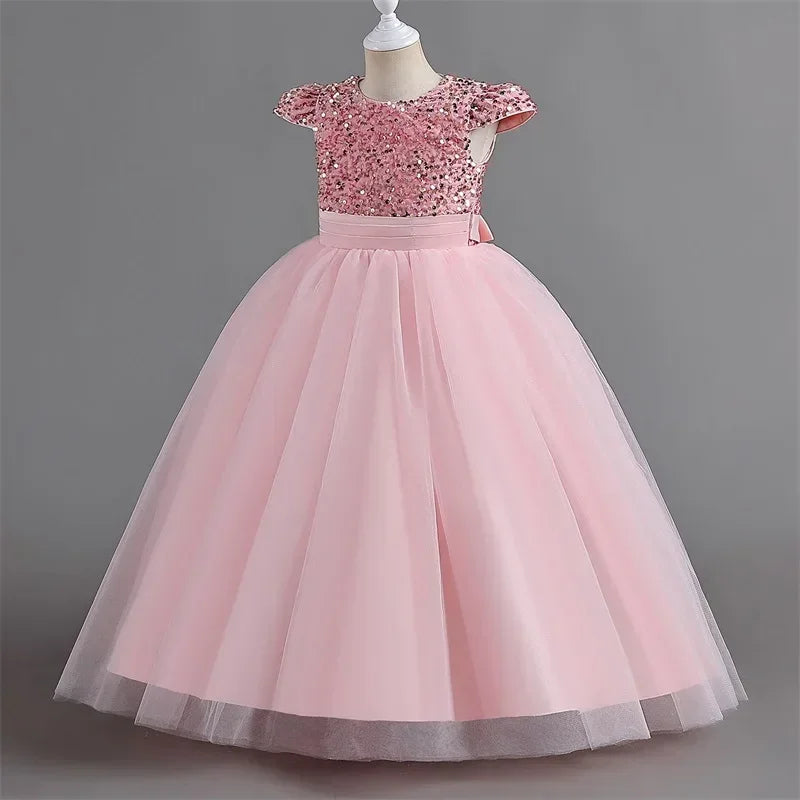 Puffy Girls Party Dress Elegant Kids Wedding Gala Prom Gown Sequin Bow Children Birthday Princess Dress For Girl Clothes 5-14Yrs