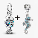 2Pcs/Lot Crystal Blue Scaled Fish Bead With Pendant Fit DIY Brand Charm Bracelet  For Women's Summer Jewelry To Making Gift