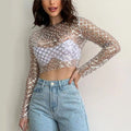 Women's Sexy Mesh Beaded Tops Ladies Fashion Sequins Long Sleeve Top T-Shirt Summer Casual Pullover for Female 2024 New