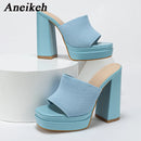 Aneikeh Sexy Knitted Woolen Chunky Platform Sandal Heels Women's Peep Toe High Heel Summer Nude Party Dress Mules Sandals Shoes