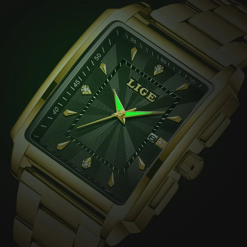LIGE Gold Stainless Steel Men Watches Quartz Waterproof Luminous Male Clock Business Sport Mens Watch Luxury Calendar Man Watch