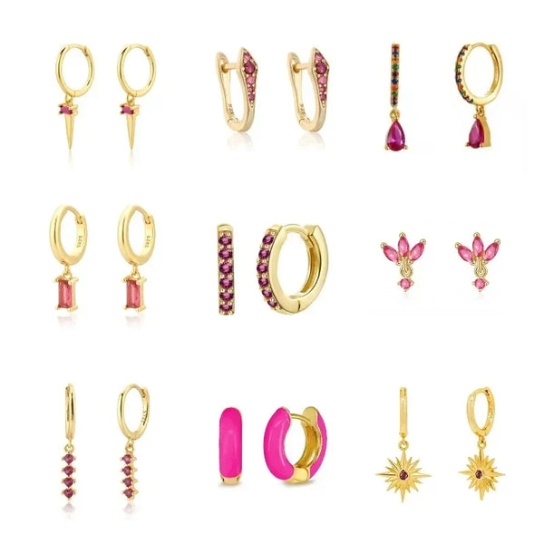 Hot Sale Rose Red Color Zircon Series Hoop Earrings for Women Minimalist Dangle Party Jewelry 2025 Trend New