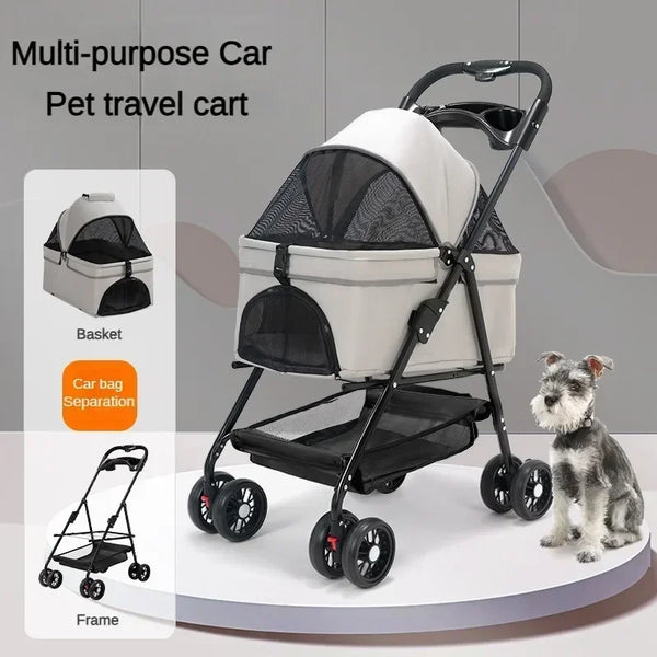 Suitable for dogs and cats to use outdoors. Foldable pet stroller, four-wheel dog travel cart, with storage basket