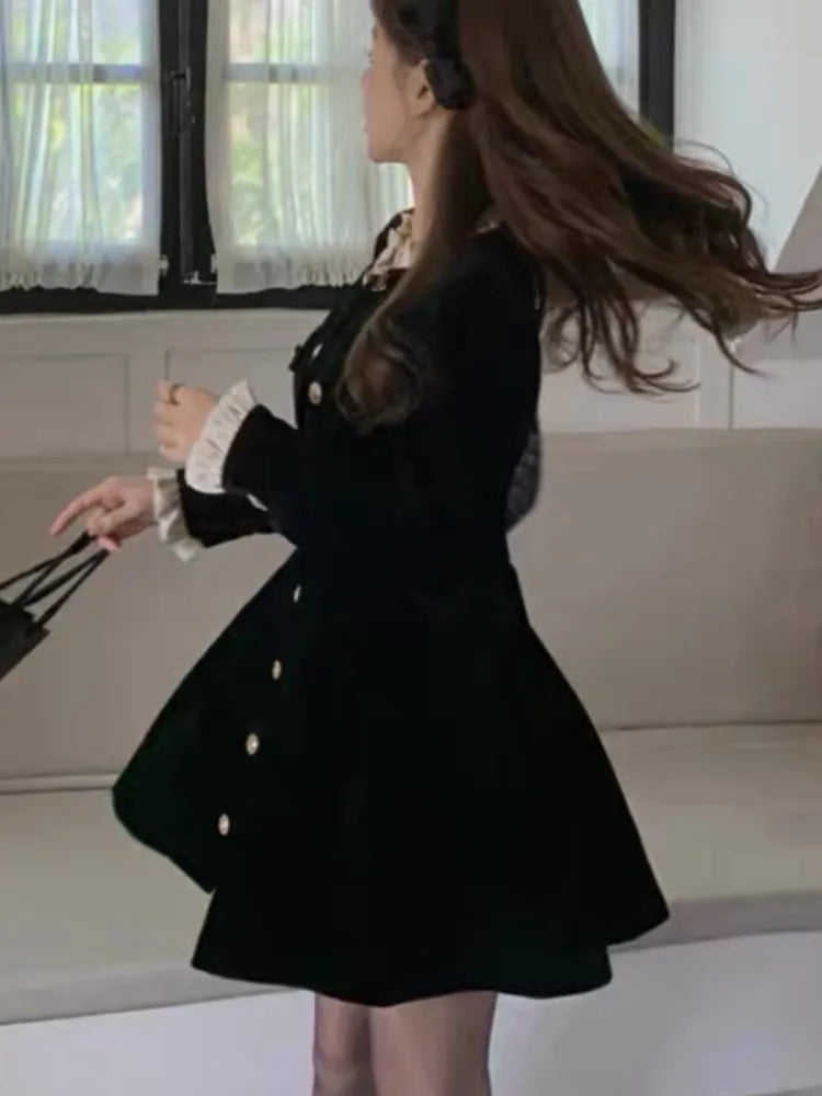 Korean Black Velvet Dresses for Women Single Breasted Long Sleeve Evening Party Dress Autumn Y2K Fashion A-line Vestido Mujer