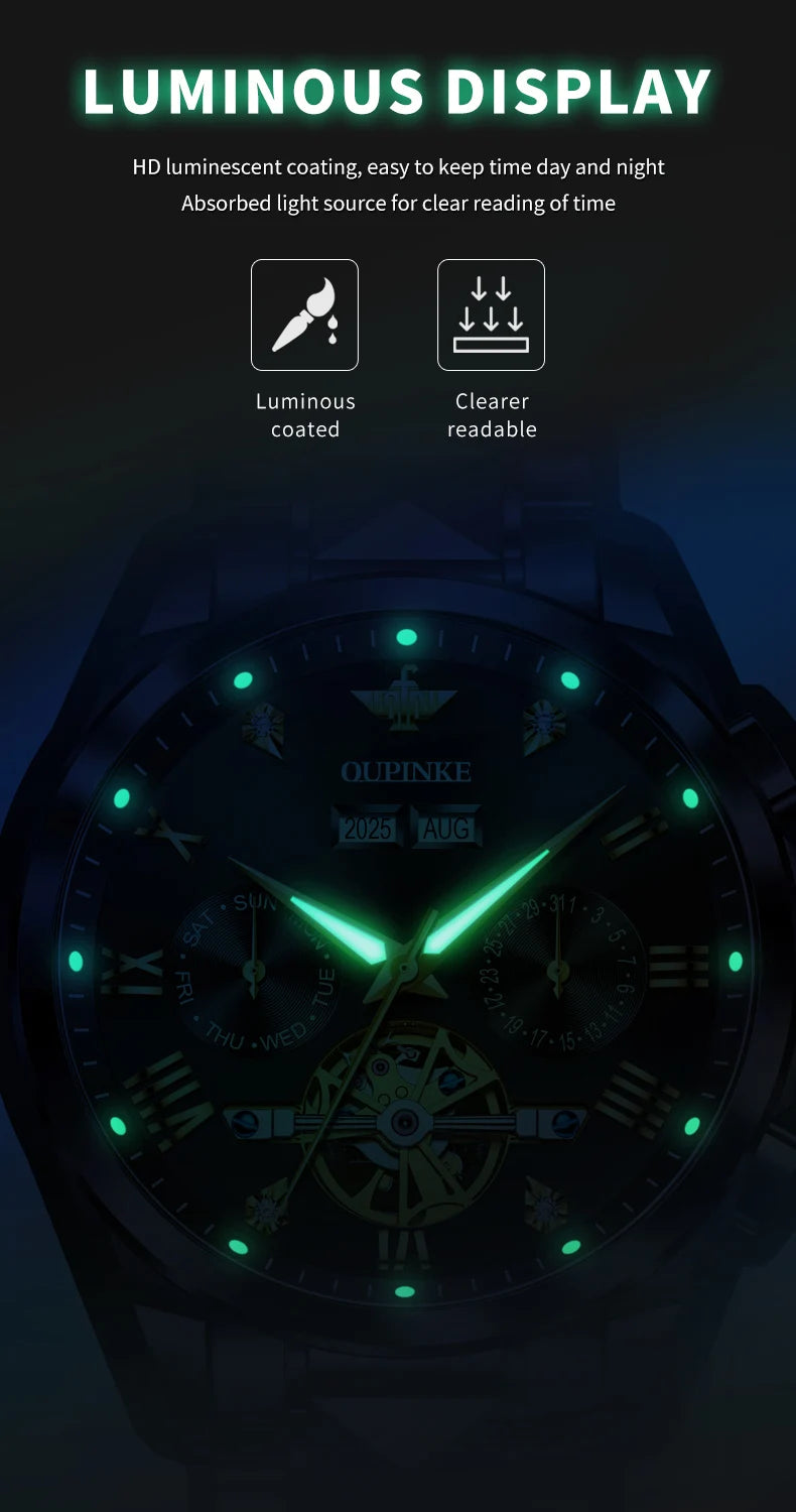 OUPINKE 3240 Automatic Watches Men 44mm Large Dial Tungsten Steel Strap Skeleton Flywheel Mechanical Watch for Men Luxury Watch