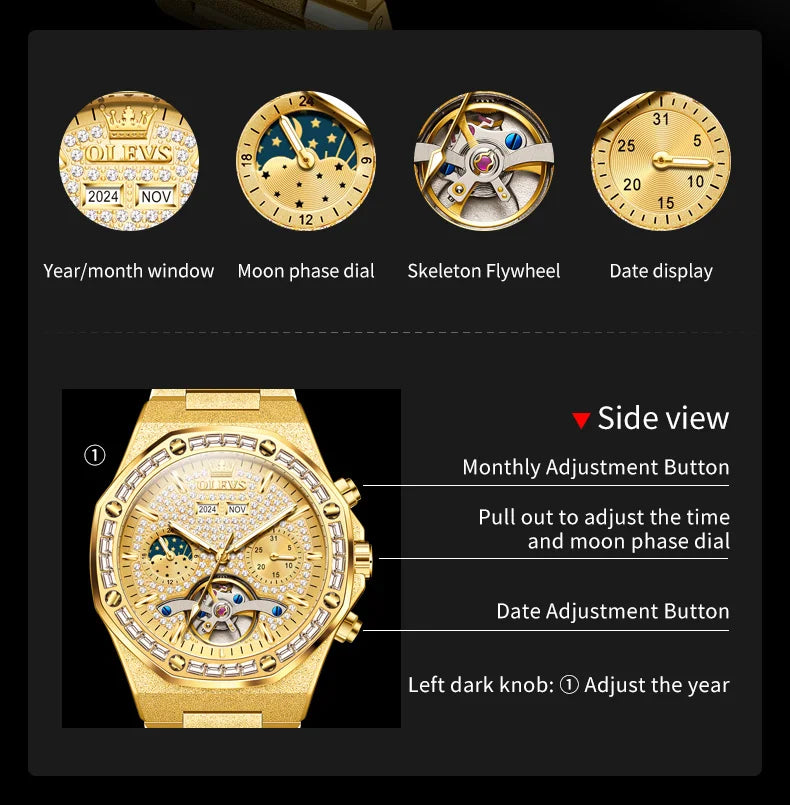 OLEVS 9805 High end Men Watches  Waterproof Moon Phase Diamond Dial Fashion Luxury Mechanical Watch Skeleton Original Wristwatch