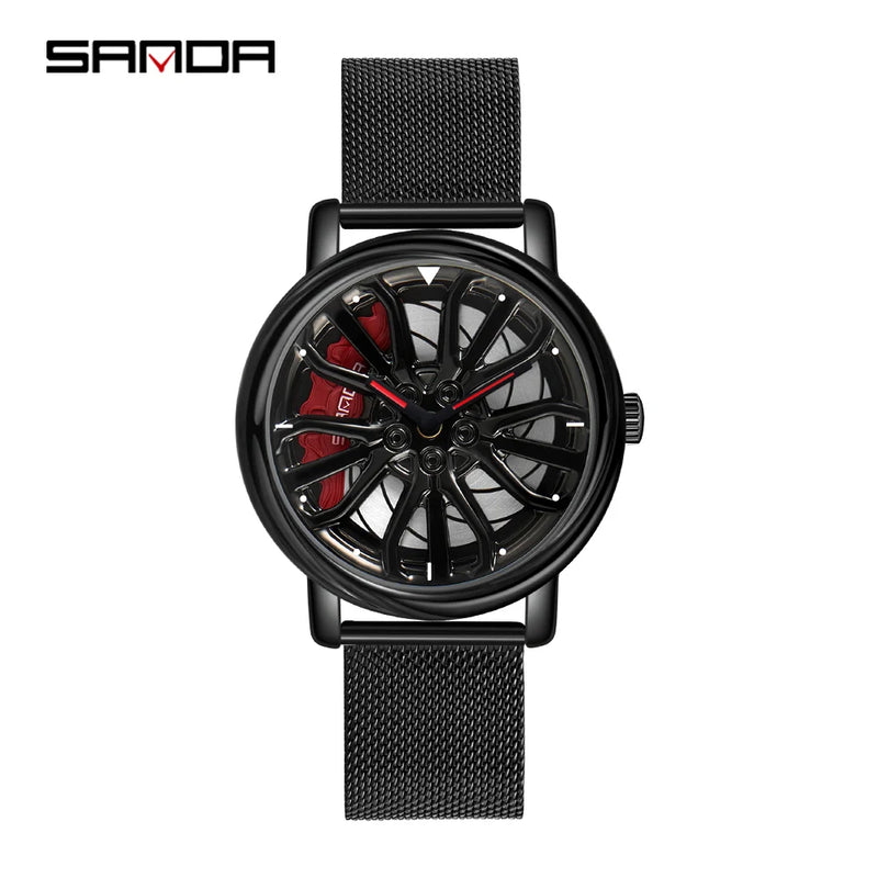 Hot Sell Fashion Men Quartz WristWatch Creative 360 Degree Rotating Car Wheel Quartz Watch Leather Waterproof Rim Hub Clock Men