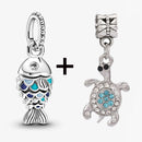 2Pcs/Lot Crystal Blue Scaled Fish Bead With Pendant Fit DIY Brand Charm Bracelet  For Women's Summer Jewelry To Making Gift