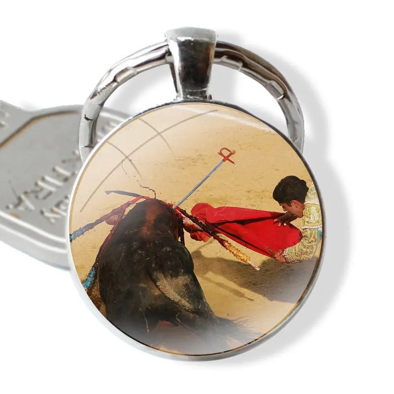 Bullfighting Spanish Bullfight Pattern 25mm Glass Cabohcon Keychain Key Rings for Women Men Jewelry Gift