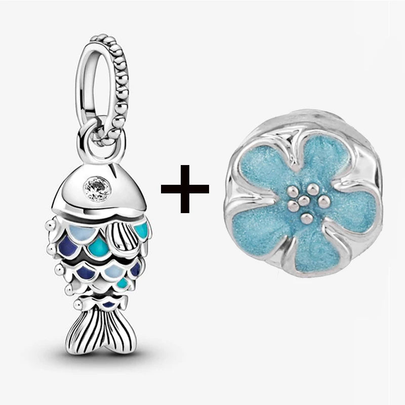 2Pcs/Lot Crystal Blue Scaled Fish Bead With Pendant Fit DIY Brand Charm Bracelet  For Women's Summer Jewelry To Making Gift