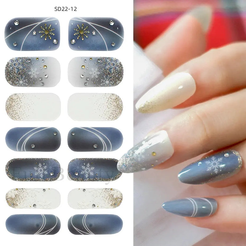 Gel Nail Stickers Lacquer Strips Full Cover Adhesive Slider Wraps With Line Foil Design Sanding File Nail Art Accessories LAJX22