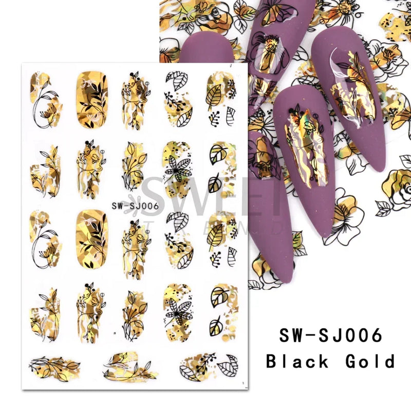 3D Snake Laser Stickers for Manicure Black Gold Abstract Leaves Luxury Nail Art Adhesive Slider Polish Decor Decals SASW-SJ