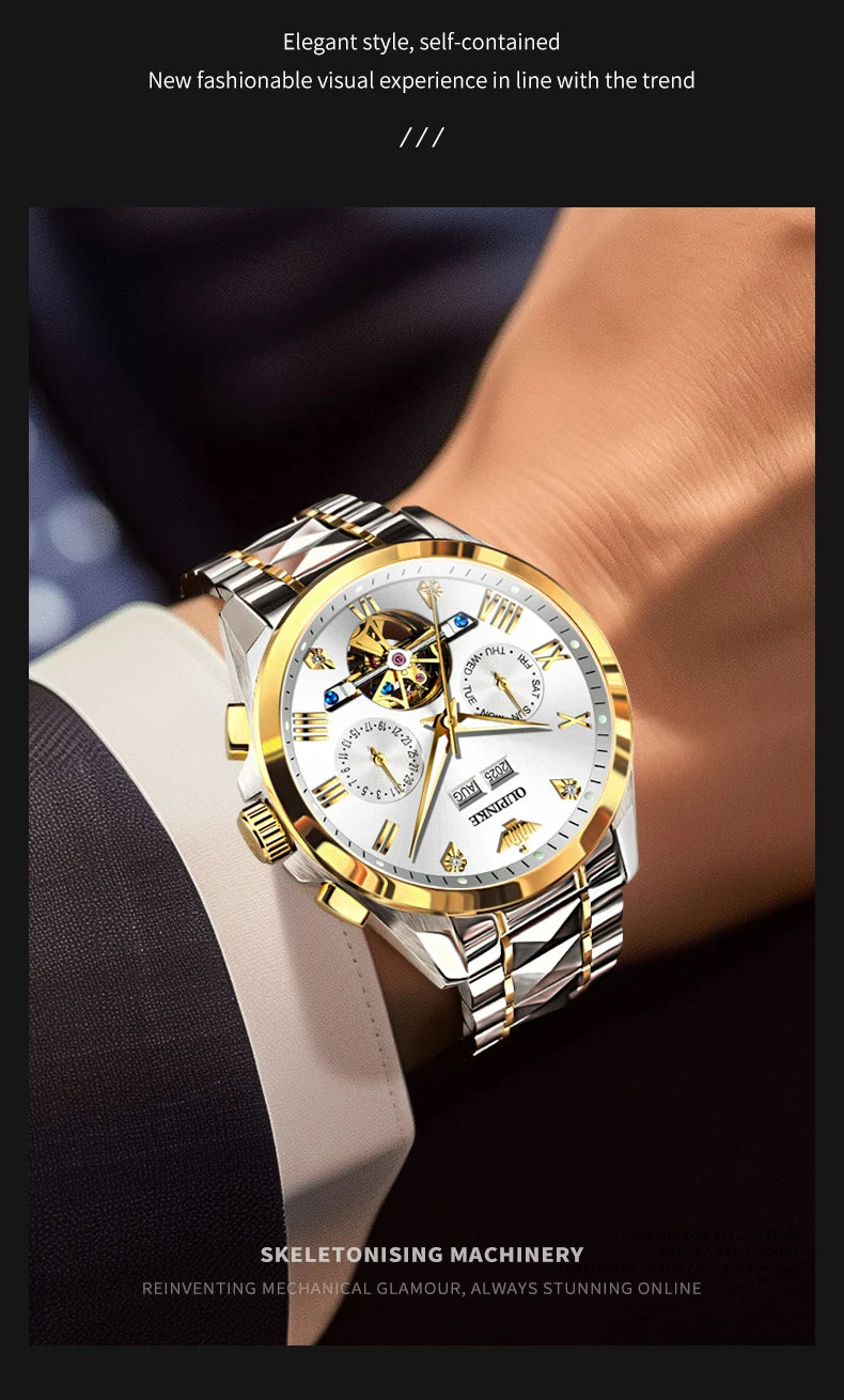 OUPINKE 3240 Automatic Watches Men 44mm Large Dial Tungsten Steel Strap Skeleton Flywheel Mechanical Watch for Men Luxury Watch