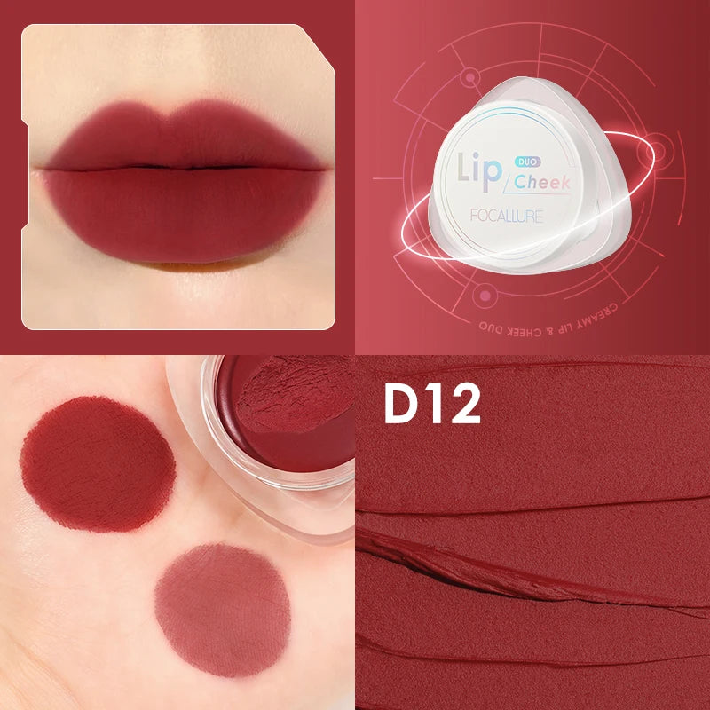FOCALLURE 12 Colors Lip Cream Smooth Matte Lipstick Waterproof Long Lasting Moist Lip Cheek Dual-Use Women Beauty Cosmetic