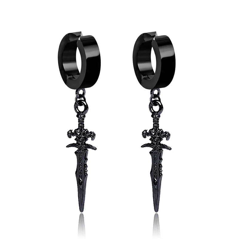 1 Pairs Stainless Steel Painless Ear Clip Earrings for Men Women Punk Sword Cross Black Non Piercing Fake Earrings Jewelry Gifts