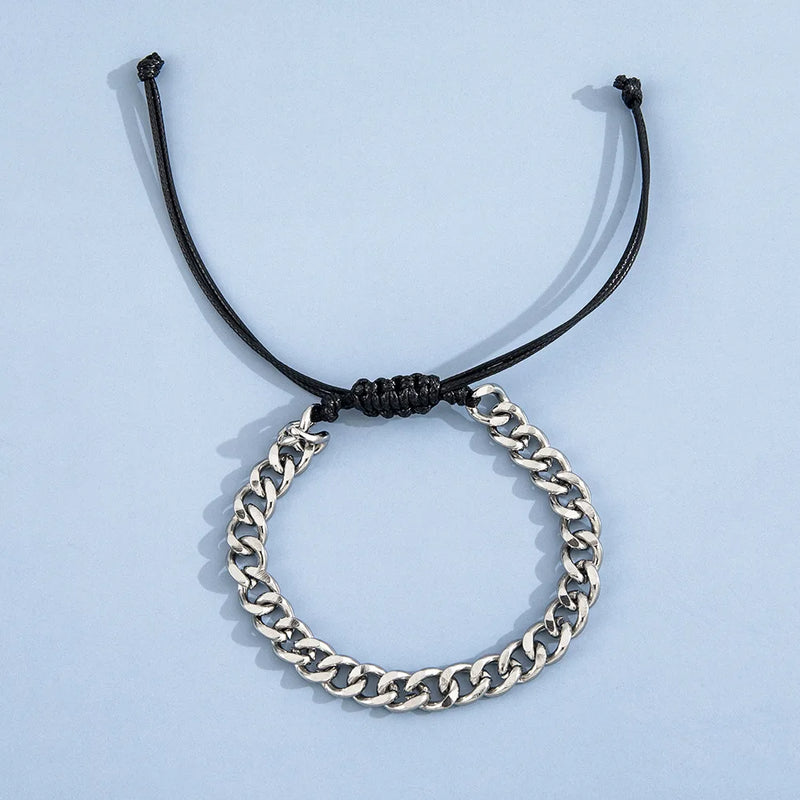 Silver Color Stainless Steel Cuban Chain Bracelet Retro Wax Rope Buckle Men's Bracelet Retro Jewelry Trend Accessories