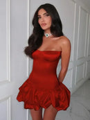 Fashion Sleeveless Backless High Waist Short Ruched Dresses for Women Sexy Strapless Slim A-line Pleated Mini Red Party Dress