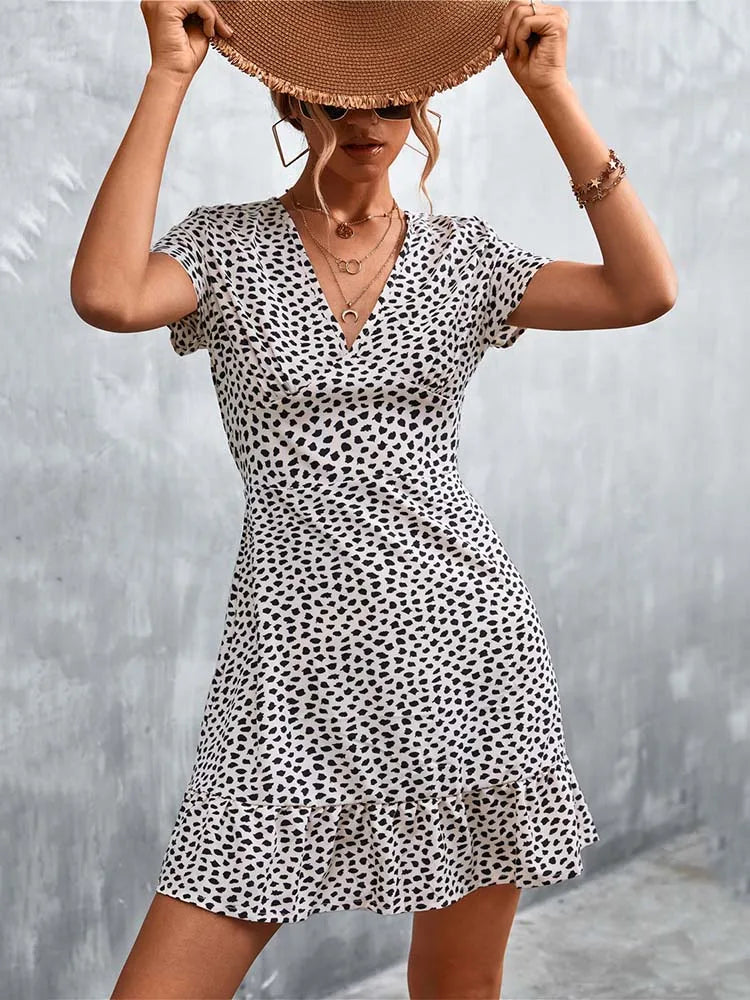 Summer Short Boho Dress Women V Neck Print Floral Party Dress Ladies Bohemian Flower Mini Dress For Women