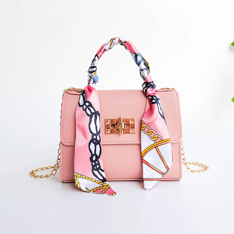 Silk Band Bow Lock Small Square Bag PU Leather Chain Handbag Crossbody Bags