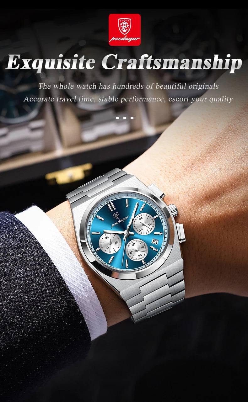 POEDAGAR Luxury Man Quartz Watch Waterproof Luminous Date Chronograph Watches For Men Stainless Steel Fashion Men's Watch Reloj