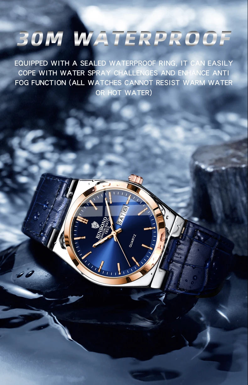 BINBOND New Authentic Youth Men's Quartz Watchwith Fashion Leather Strap Waterproof Luminous Calendar Luxury Business Men Watch